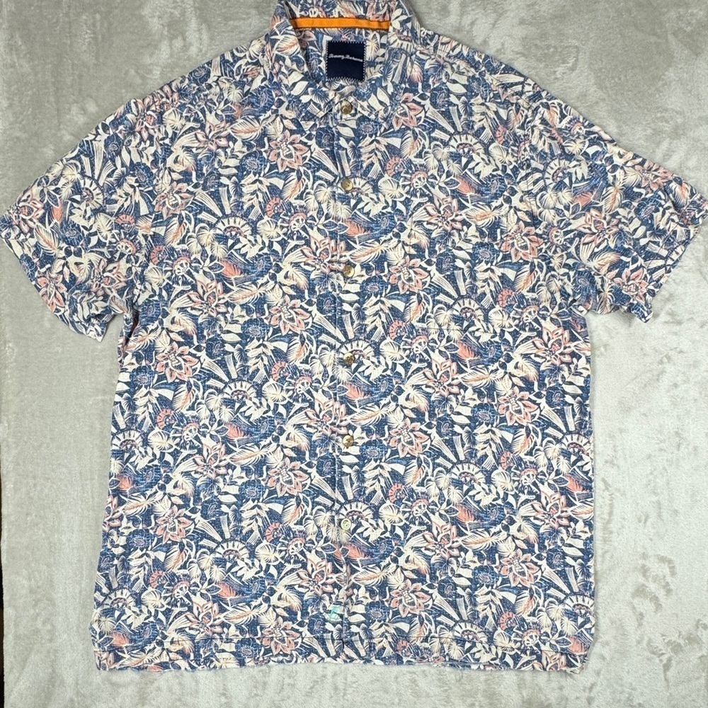 Tommy Bahama 100% Silk Hawaiian Floral Blue Tropical Button Front Shirt Size XL